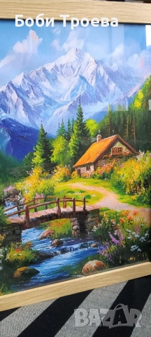 Платно без Рамка с Пасторален Пейзаж - Спокойна Селска Природа с Диви Цветя, Селски Къщи 