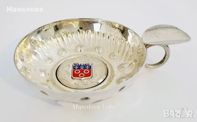 Френски посребрени чаши за дегустация на вино за сомелиери, Tastevin с герба на Jargeau