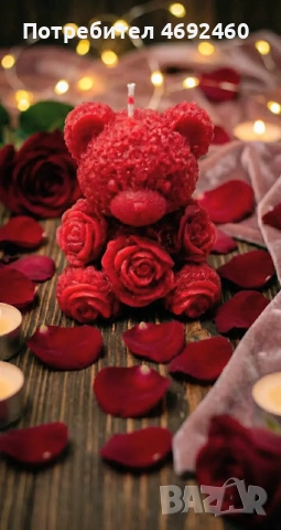 Ръчно изработена червена свещ "Мече с рози" – Топ подарък