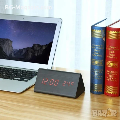 Декоративен LED настолен часовник дървен дигитален термометър USB постоянно светещ на ток електронен, снимка 3 - Други - 51039121