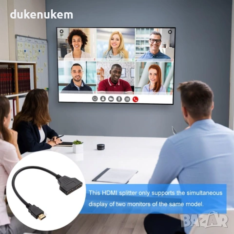 HDMI сплитер адаптер 1 към 2 1080P – HDMI мъжки към два HDMI женски изхода, снимка 4 - Кабели и адаптери - 53041556