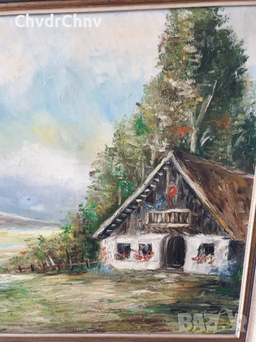 Herman 108х69см/стара голяма картина масло върху платно/пейзаж/къща-път-гора/дървена рамка, снимка 2 - Картини - 50703245