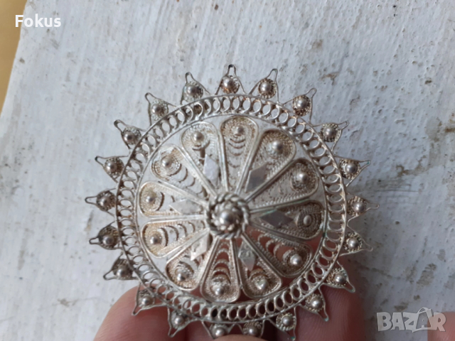 Възрожденски накит сребърна брошка филигран гранулация, снимка 3 - Антикварни и старинни предмети - 53410208