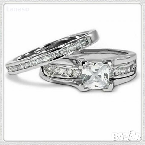 Комплект от 2 пръстена с бели циркони, снимка 2 - Пръстени - 27312213