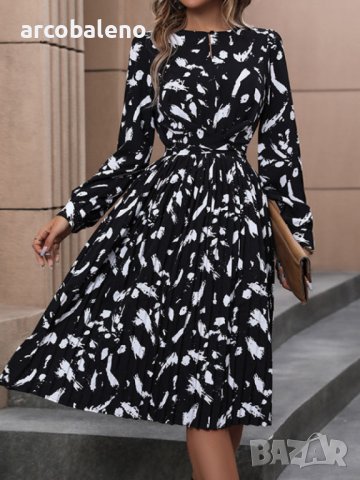 Дамска черна рокля с дълъг ръкав с нов темпераментен принт, снимка 5 - Рокли - 43662545