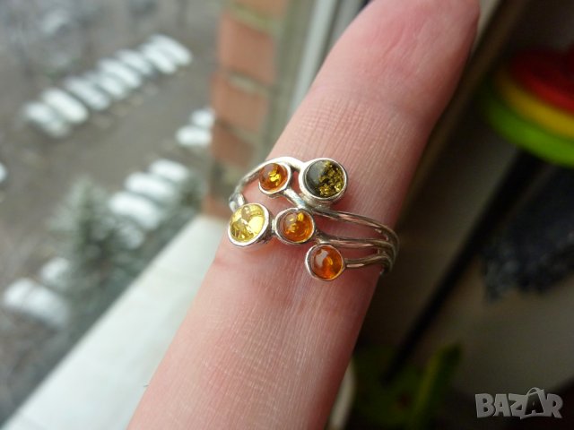 Сребърни пръстени с балтийски кехлибар. 5 камъка халка, снимка 3 - Пръстени - 43435302