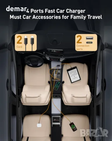 Прибиращо се зарядно за кола 4-в-1, 66W, 2 прибиращи се кабела и 2 USB порта, снимка 3 - Аксесоари и консумативи - 50433265
