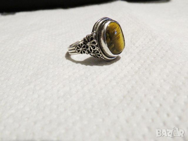 Стар пръстен  с флорални елементи - филигран и голям камък тигрово око - красота за ценител, снимка 5 - Пръстени - 33099097