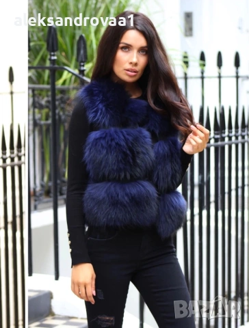 Луксозен Елек от Естествен Косъм Лисица | Кралско синьо, снимка 3 - Елеци - 53234967