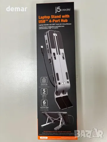 j5create Сгъваема алуминиева стойка за лаптоп с USB3.2 4-портов хъб, преносима до 16 инча (JTS223), снимка 8 - Друга електроника - 48237807