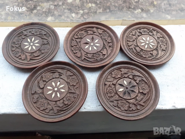 Стари дървени подложки за чаши дърворезба и седеф