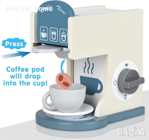 Дървен детски комплект- кафе машина с аксесоари от MEDOGA 16 части, снимка 3 - Образователни игри - 44124496