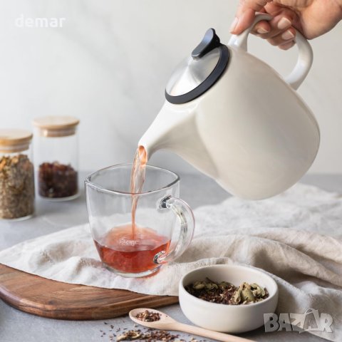 Verre Collection Керамичен чайник с термоустойчива дръжка и подвижен стоманен инфузер 1400 ml бял, снимка 5 - Аксесоари за кухня - 44070749