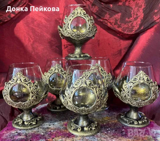 Ръчно изработен сервиз за коняк в старинно злато от 6 части, снимка 1