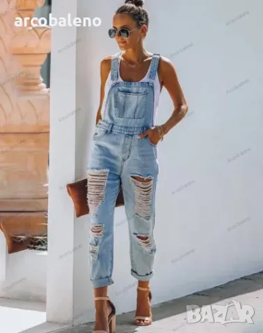 Дамски дънков гащеризон със скъсана средна талия в нов стил за ежедневно пътуване до работното място, снимка 4 - Гащеризони - 48606209