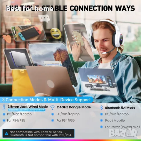 2,4 GHz безжични геймърски слушалки с кабелен режим Awinnasey, снимка 4 - Слушалки и портативни колонки - 49783617