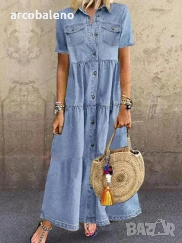 Дамска дълга дънкова изтъркана рокля с много копчета, 3цвята , снимка 3 - Рокли - 46865908