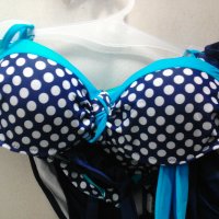 Нежен и стилен дамски бански в синьо  и бели точки, снимка 2 - Бански костюми - 28612401