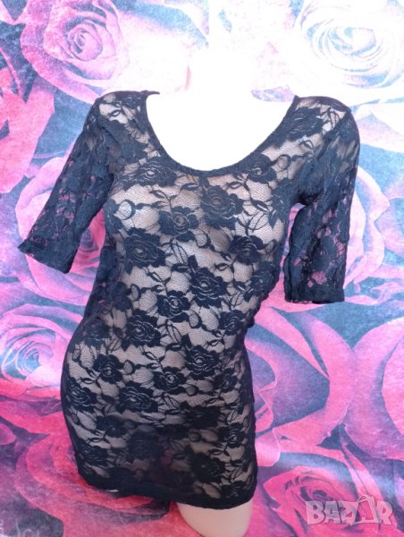 Черна туника с 3/4 ръкав от дантела С, снимка 1