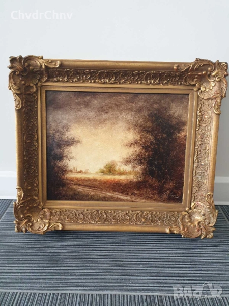 48х41см/малка стара картина масло върху фазер/горски пейзаж/път-река/барокова дървена рамка, снимка 1