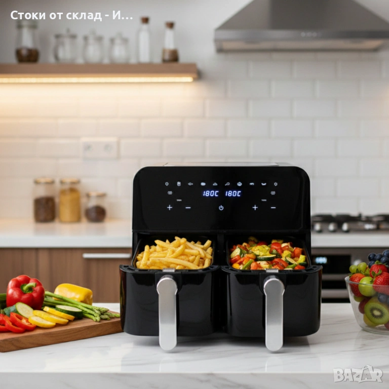 Двоен фритюрник с горещ въздух Cheffinger 9 л  с дигитален дисплей, стъклен прозорец и 360° циркулац, снимка 1