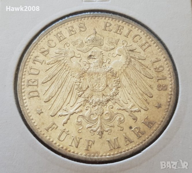 5 марки 1913 А Прусия Германия Рядка Сребърна монета ЩЕМПЕЛ, снимка 1