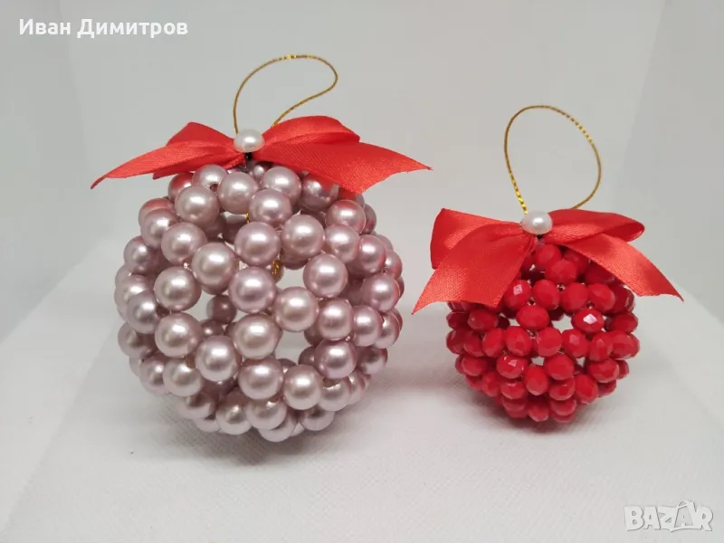 Луксозен ръчно изработен сет Коледни топки за елха от перли и кристали, снимка 1