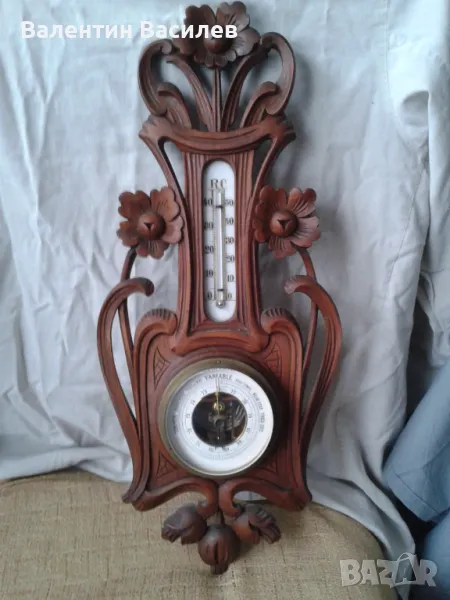 Стар барометър и термометър с резба, снимка 1