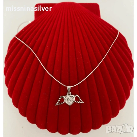 Сребъно колие Сърце с ангелски криле, снимка 2 - Колиета, медальони, синджири - 53343831