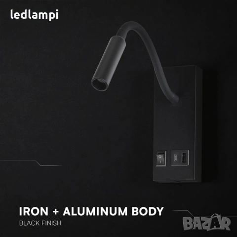 LED Аплик 3W С USB/PD Порт Черен Топло Бяла Светлина, снимка 5 - Лампи за стена - 44972723