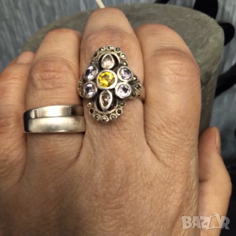 Авторски стар сребърен пръстен ,цитрин ,аметрин и марказити, снимка 3 - Пръстени - 38164573
