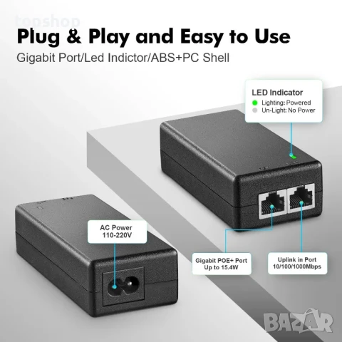 НОВ YuLinca 15,4 W Gigabit Poe инжектор, адаптер Non-Poe към Poe, Plug & Play, до 100 метра, снимка 4 - Мрежови адаптери - 50511319