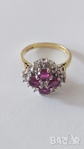 Златен пръстен с естествени рубини и брилянти, снимка 2 - Пръстени - 53117839