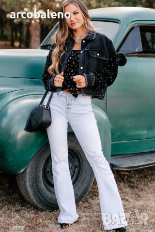 Дамско късо дънково яке с пайети, снимка 7 - Якета - 43662340