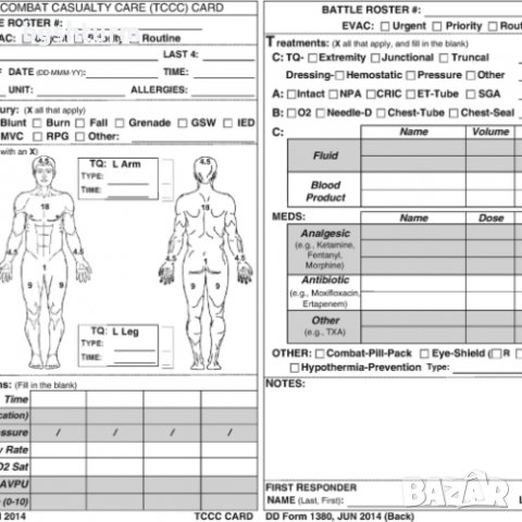 КАРТA "БОЕН ИНЦИДЕНТ" (TCCC CARD), снимка 1 - Оборудване и аксесоари за оръжия - 43038089