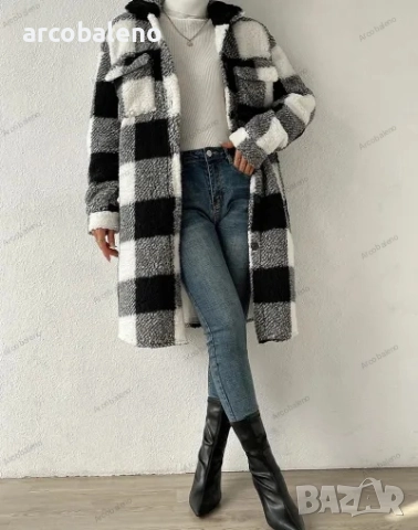 Дамско есенно-зимно палто с отворени копчета и плюшен кариран плат, 4цвята , снимка 3 - Палта, манта - 47851255