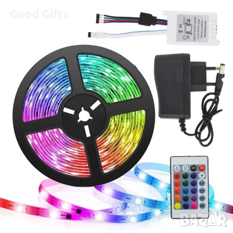 RGB LED лента 5 метра – 7 цвята с дистанционно управление и адаптер