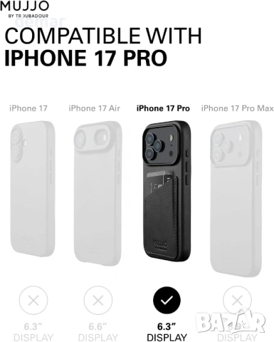 Кожен калъф-портфейл Mujjo - за iPhone 17 Pro - MagSafe - черен, снимка 5 - Калъфи, кейсове - 52962650