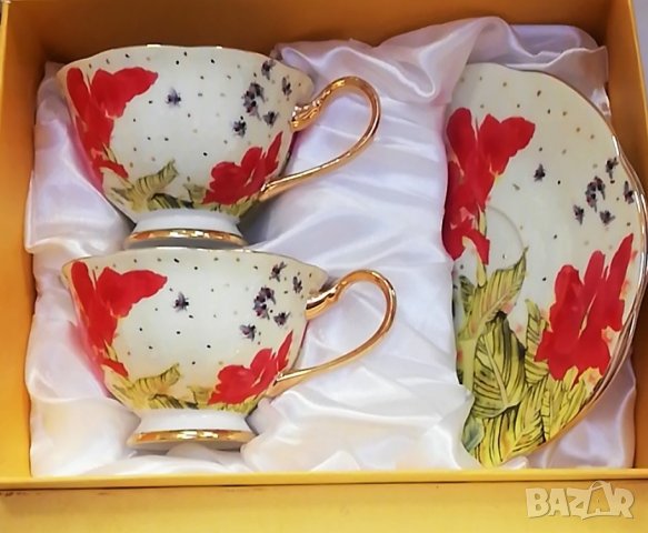 Чаши за кафе и чай с червени цветя - костен порцелан в Коледни подаръци в  гр. София - ID35121314 — Bazar.bg