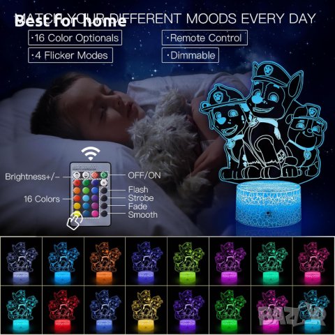 3D LED нощна лампа Paw Dog Patrol,16 цвята, които се променят с дистанционно управление, снимка 3 - Настолни лампи - 43899484