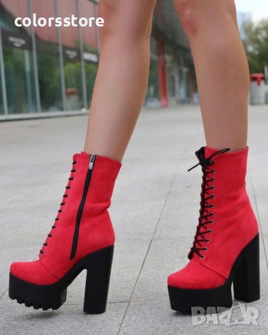 Боти на ток - червен велур с черно ходило - 592