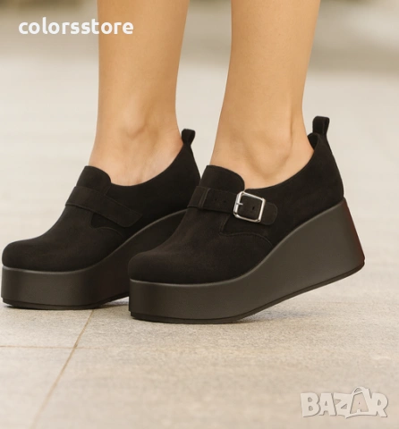 Обувки на платформа - черен велур с черно ходило - KV25 , снимка 1 - Дамски ежедневни обувки - 35724462