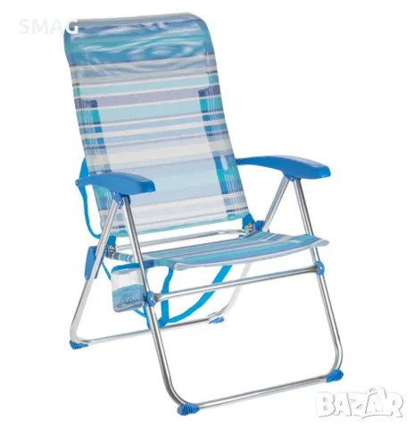 Син раиран плажен стол сгъваем с дръжки и държач за бутилки 69x59x93cm S_1137824