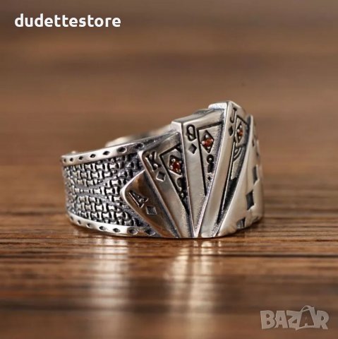 Голям сребърен пръстен с карти , снимка 2 - Пръстени - 37479013
