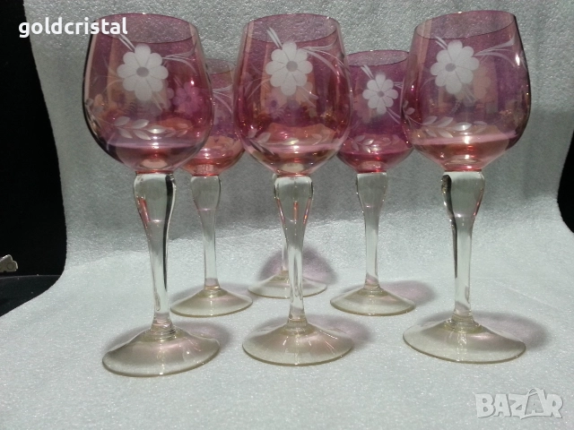 кристални чаши цветен кристал гравиран, снимка 4 - Антикварни и старинни предмети - 20061877