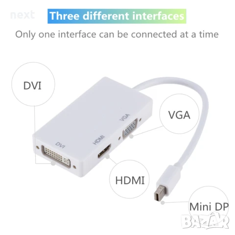 Преходник, адаптер, преобразувател mini DisplayPort (mini DP) към HDMI DVI VGA + Гаранция, снимка 6 - Кабели и адаптери - 50847513