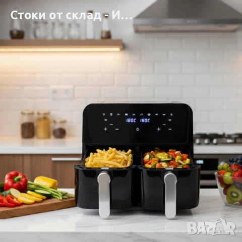 Двоен фритюрник с горещ въздух Cheffinger 9 л  с дигитален дисплей, стъклен прозорец и 360° циркулац