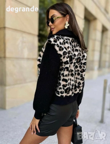 Дамско яке с плетен ръкав леопардов принт в БЕЖОВО И ЧЕРНО, снимка 3 - Якета - 52624095