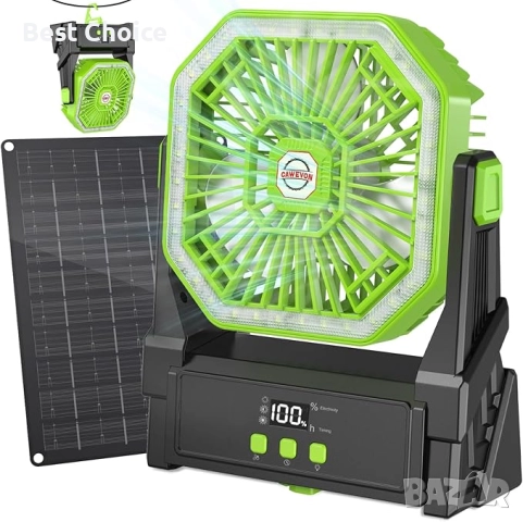 Нов Соларен вентилатор 10000mAh с LED, таймер и кука – за къмпинг двор, снимка 3 - Друга електроника - 52870275