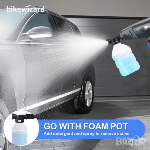 Акумулаторна 65 бара с батерия, пръскачка за пяна, многофункционална дюза 6 в 1 маркуч 5 метра НОВА, снимка 3 - Парочистачки и Водоструйки - 52013338